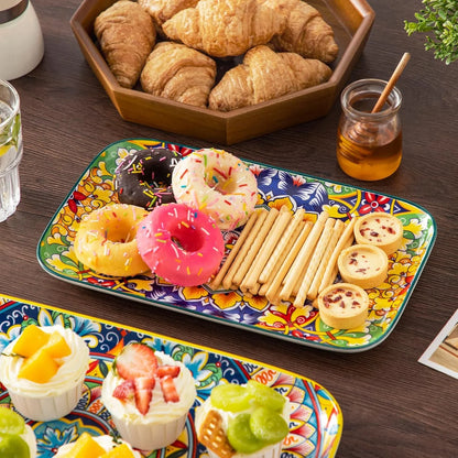 Serving Platters Set of 3, 16"/14"/12" Inch Rectangular Trays - Extra Large, Ceramic Bohemian Serving Dish for Entertaining Food, Microwave & Dishwasher Safe, Vintage