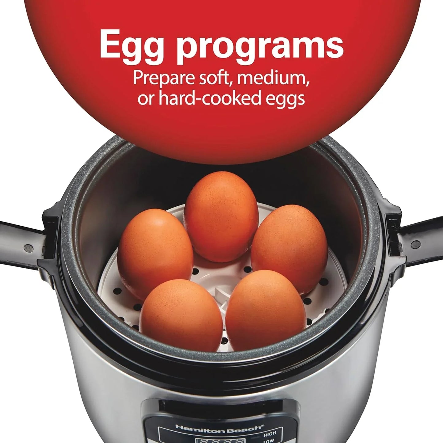 Digital Programmable Rice Cooker & Food Steamer, with Slow Hard-Boiled Egg Functions, Egg/Steam Tray, Small & Compact, 6 Cups Cooked (3 Uncooked), Stainless Steel (37524)