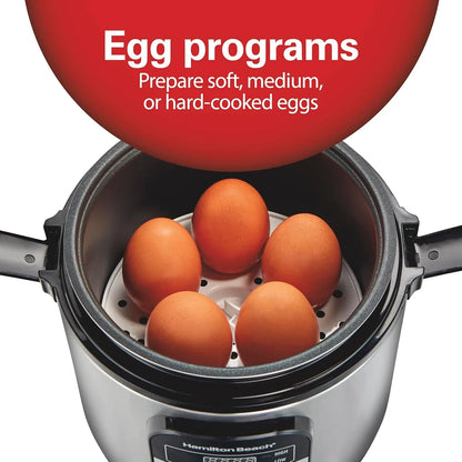 Digital Programmable Rice Cooker & Food Steamer, with Slow Hard-Boiled Egg Functions, Egg/Steam Tray, Small & Compact, 6 Cups Cooked (3 Uncooked), Stainless Steel (37524)