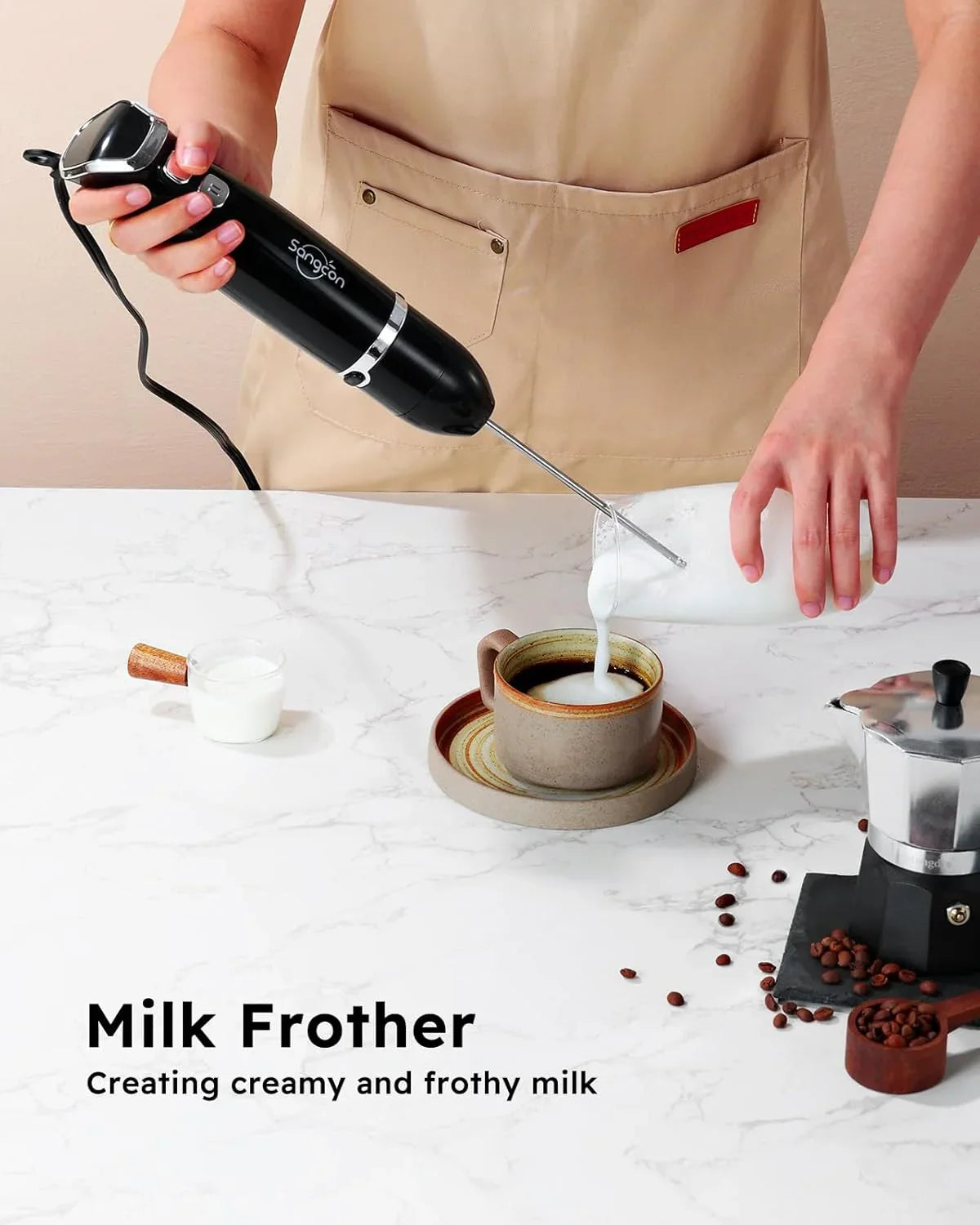 Immersion Blender Handheld, 3-In-1 Hand Blender Electric, 400W Handheld Licuadora De Mano, Stainless Steel Blade Stick Mixer with Whisk, Milk Frother Attachments - Black