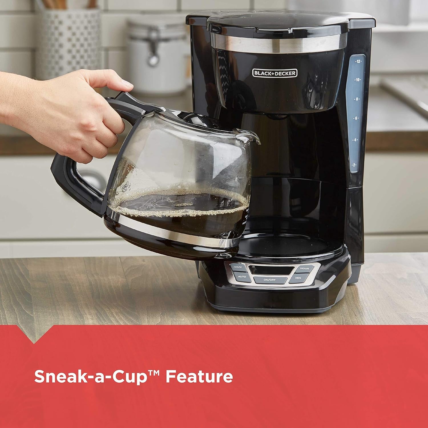 12-Cup Digital Coffee Maker, Programmable, Washable Basket Filter, Sneak-A-Cup, Auto Brew, Water Window, Keep Hot Plate, Black