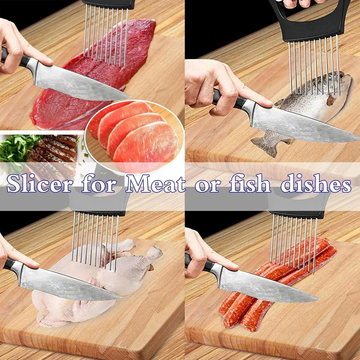 Kitchen meat and fish slicer tool for precise cuts on steak, salmon, chicken, sausages on wooden cutting board