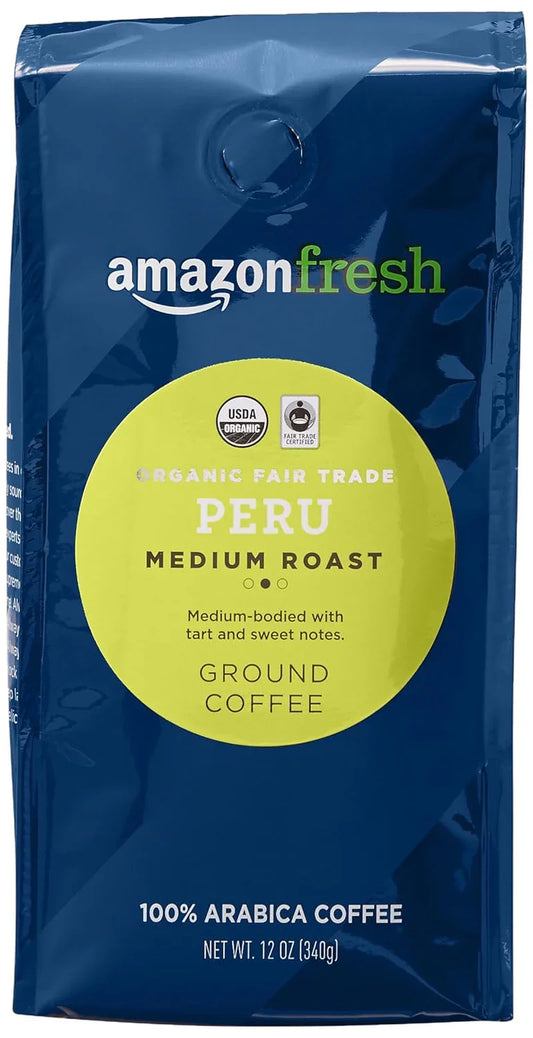 Organic Fair Trade Peru Ground Coffee, Medium Roast, 12 Ounce