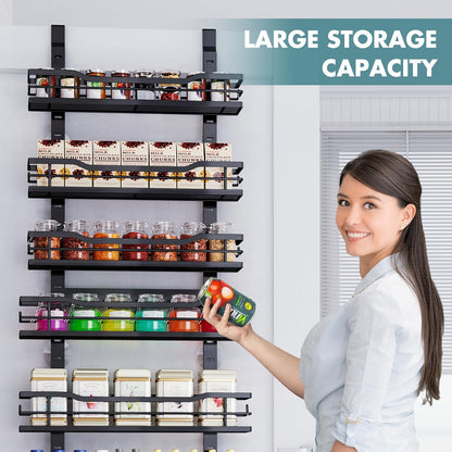 Over the Door Pantry Organizer，9-Tier over the Door Organizer with Adjustable Basket，Metal Hanging Pantry Organizers and Storage for Kitchen, Back of Door Seasoning Rack (Black)