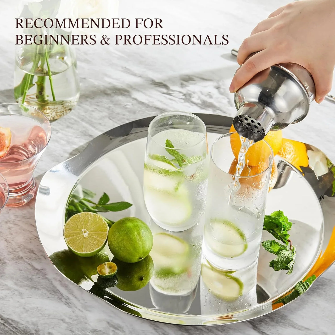 Cocktail Shaker,  24Oz Drink Shaker with Bartender Strainer, Measuring Jigger, Bar Mixing Spoon, Cocktail Recipe Guide, Professional Drink Mixer Set for Beginners, Silver