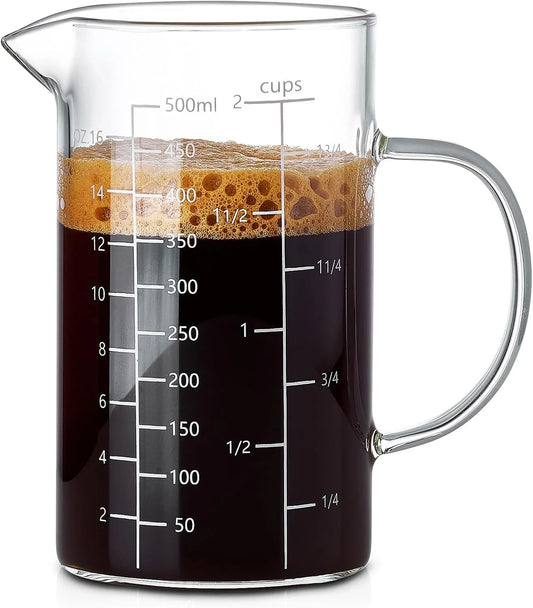 500ML 2 CUP Glass Liquid Measuring Cup with Handle, High Borosilicate Glass Three Scales (OZ, Cup, ML/CC) for Kitchen or Restaurant, V-Shaped Spout Glass Measuring Beaker, Easy to Read