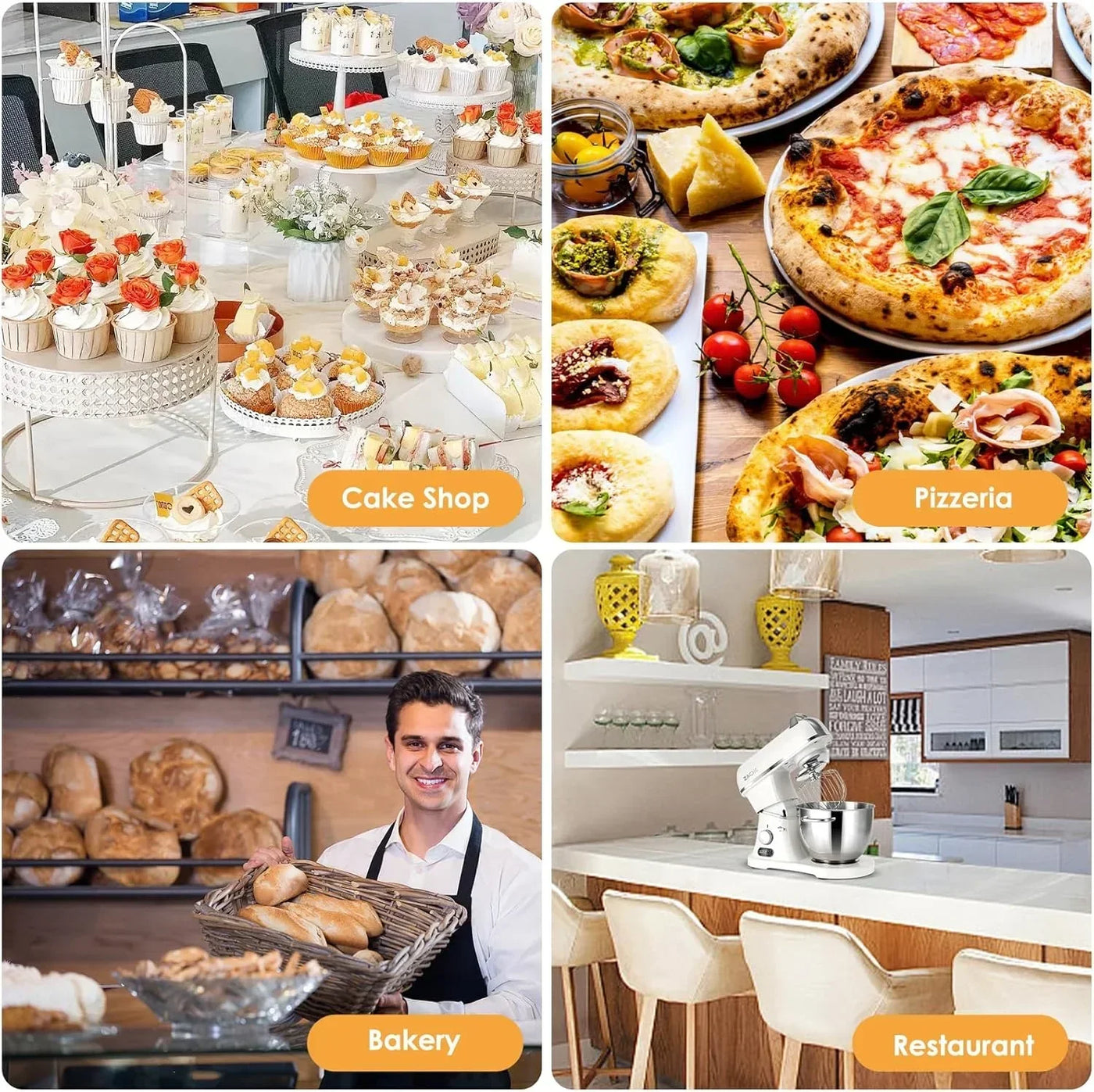 Cake shop desserts, pizzeria pizzas, bakery bread, and restaurant kitchen with mixer