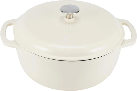 Enameled Cast Iron Dutch Oven Pot with Lid, Oven Safe, Heavy-Duty, Dual Handles for Baking, Roasting, Stews, 4.3-Quart, White