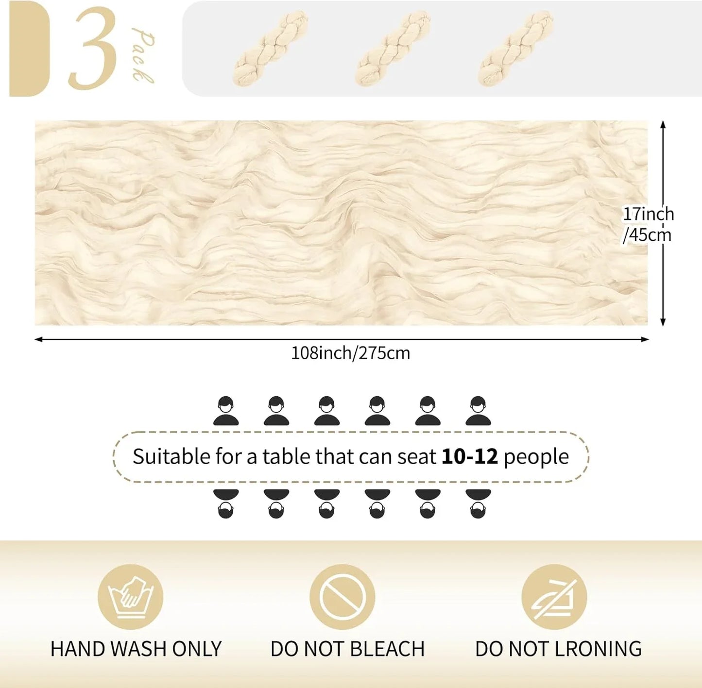 3 Pack Ivory Cheesecloth Table Runner 17X108 Inch Semi Sheer Boho Gauze Cheese Cloth Fabric Table Runners Table Decor for Wedding Party Baby Shower Birthday Home Decor Garden Farmhouse