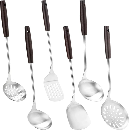 Cooking Utensils Set with Wood Handle, 6 PCS Wok Utensils Tools - Wok Accessories Cookware Set