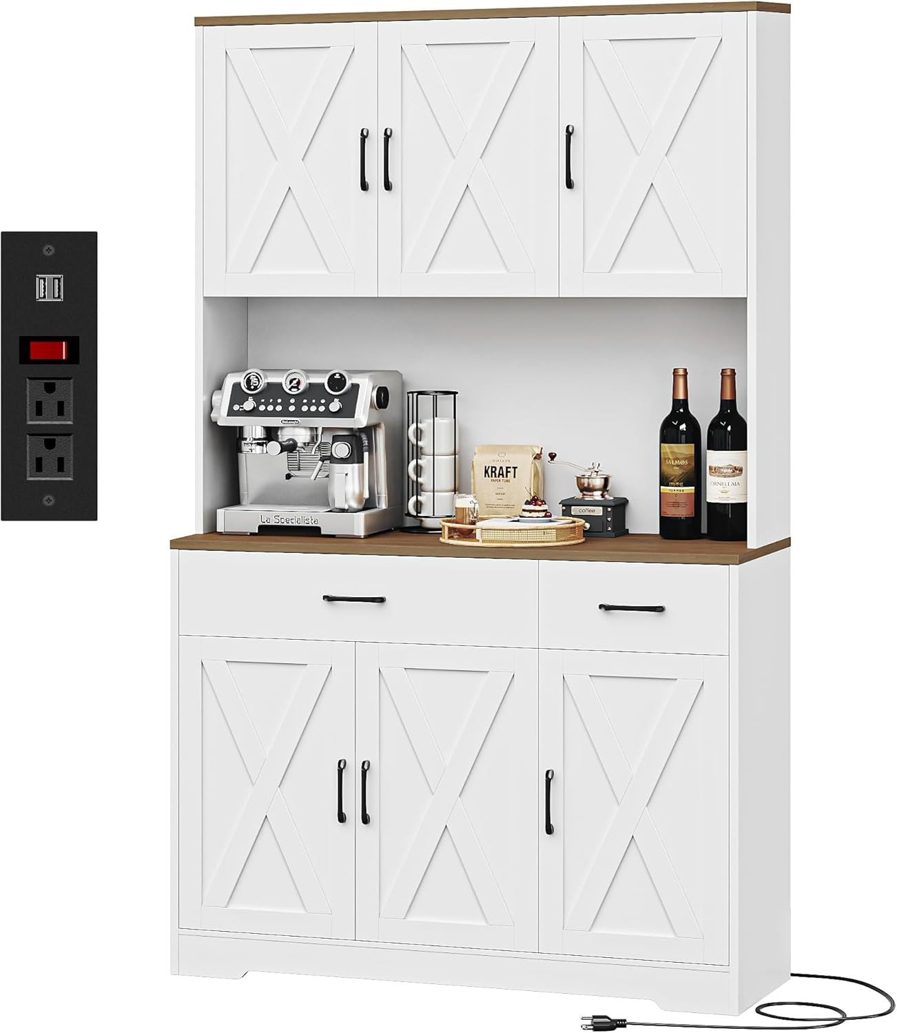 71" Pantry Cabinet with Charging Station, Tall Kitchen Pantry Storage Cabinet with Microwave Stand, Farmhouse Kitchen Hutch with Storage Drawers for Living Room, Dining Room, White