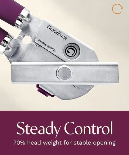 Stainless steel can opener with purple handle for steady, stable opening in the kitchen