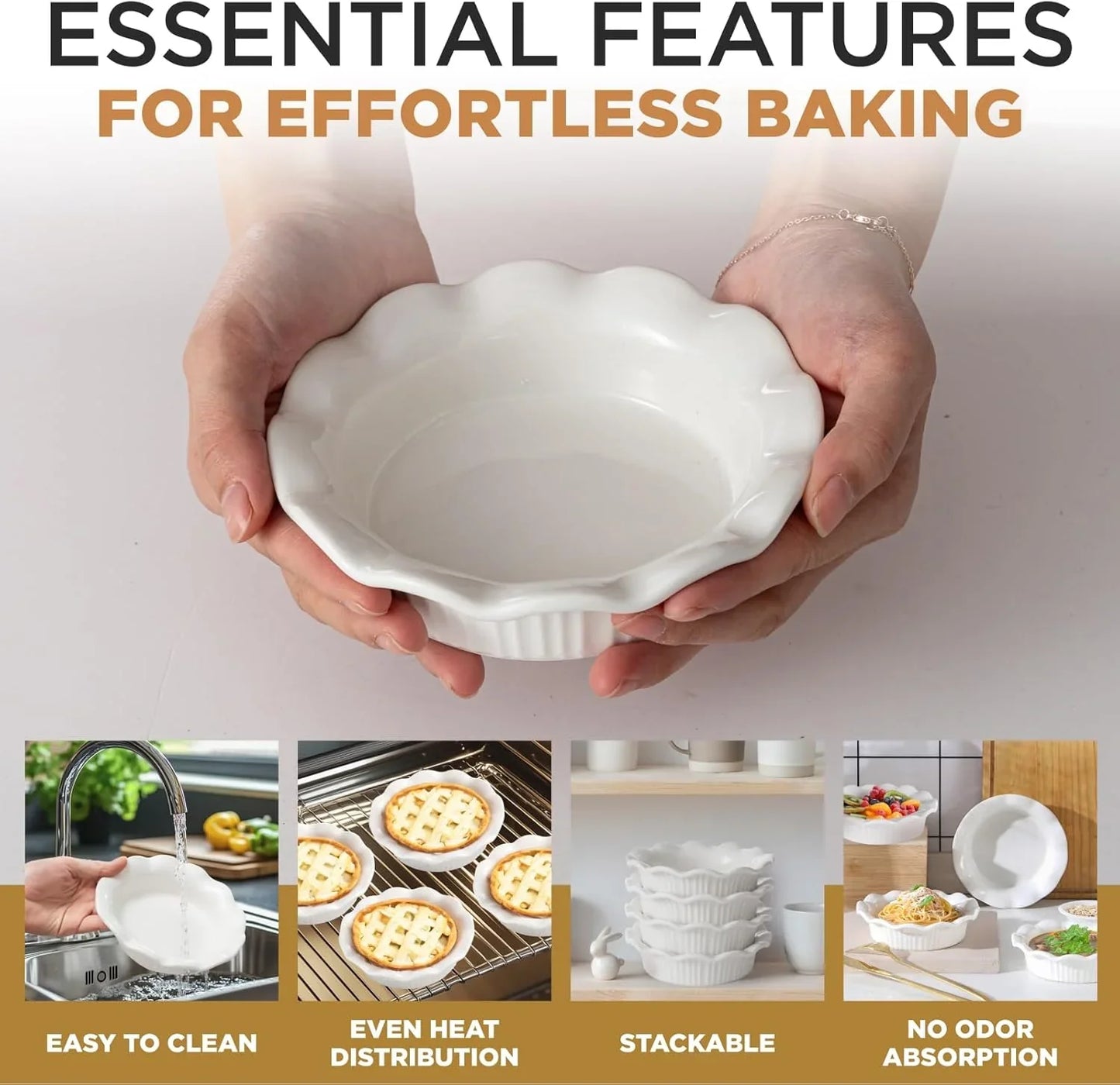 White Ceramic Mini Pie Pans - Set of 4 - Small 5.5 Inch Pie Pans with Classic Fluted Rims - Individual Pot Pie Pans for Pot Pies, Quiches, Puddings - Pot Pie Baking Dishes