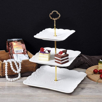 3 Tier Porcelain Cupcake Stand, Tiered Serving Cake Stand, Square White Embossed Dessert Stand, Weddings Parties Pastry Serving Tray