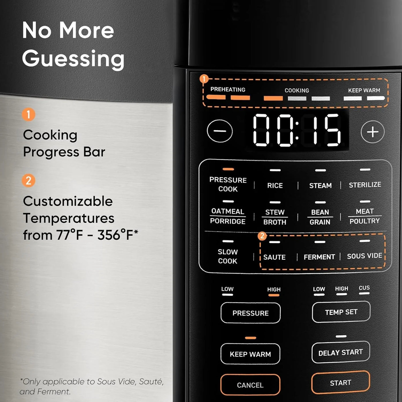 Pressure Cooker 6QT, Stainless Steel, 9-In-1 Multi Cooker, 12 Safety Features, Ceramic Inner Pot, Rice, Slow Cook, Sous Vide, Saute, 1100W