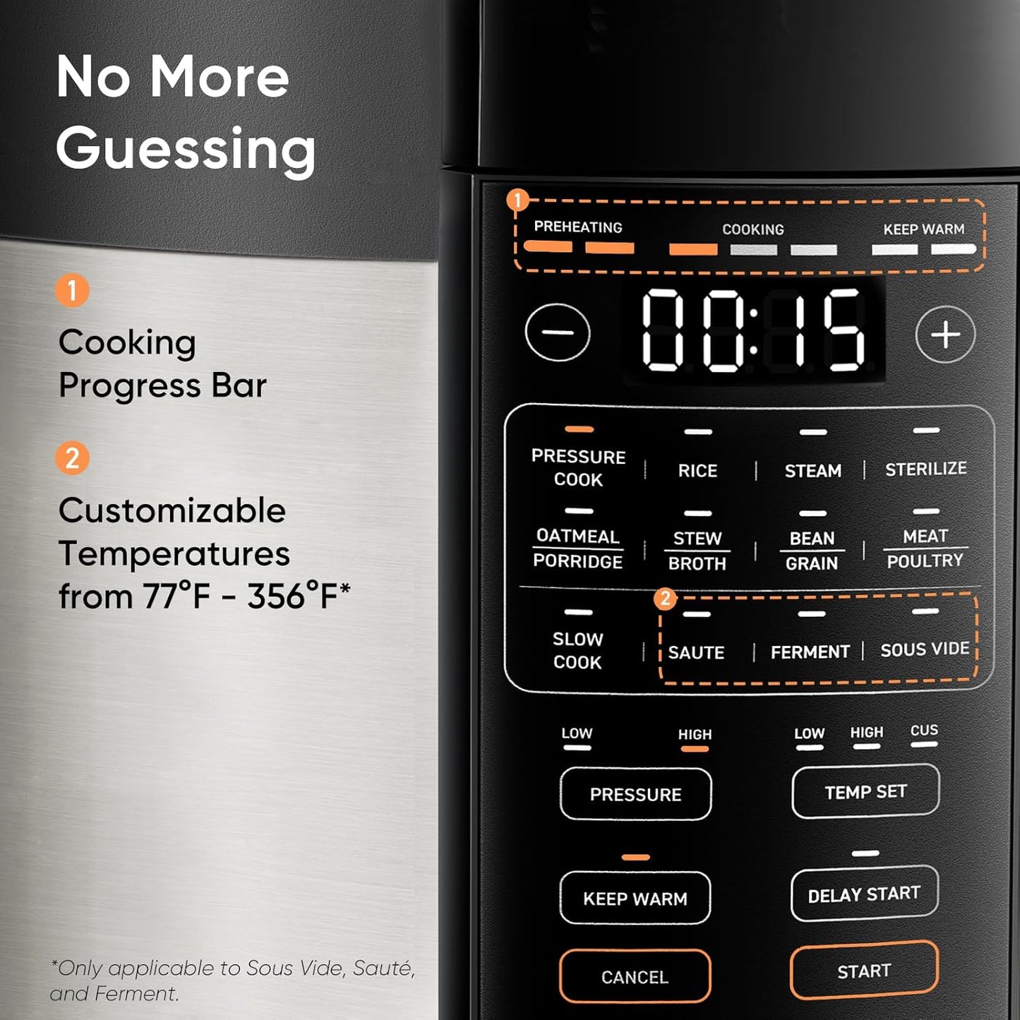 Pressure Cooker 6QT, Stainless Steel, 9-In-1 Multi Cooker, 12 Safety Features, Ceramic Inner Pot, Rice, Slow Cook, Sous Vide, Saute, 1100W