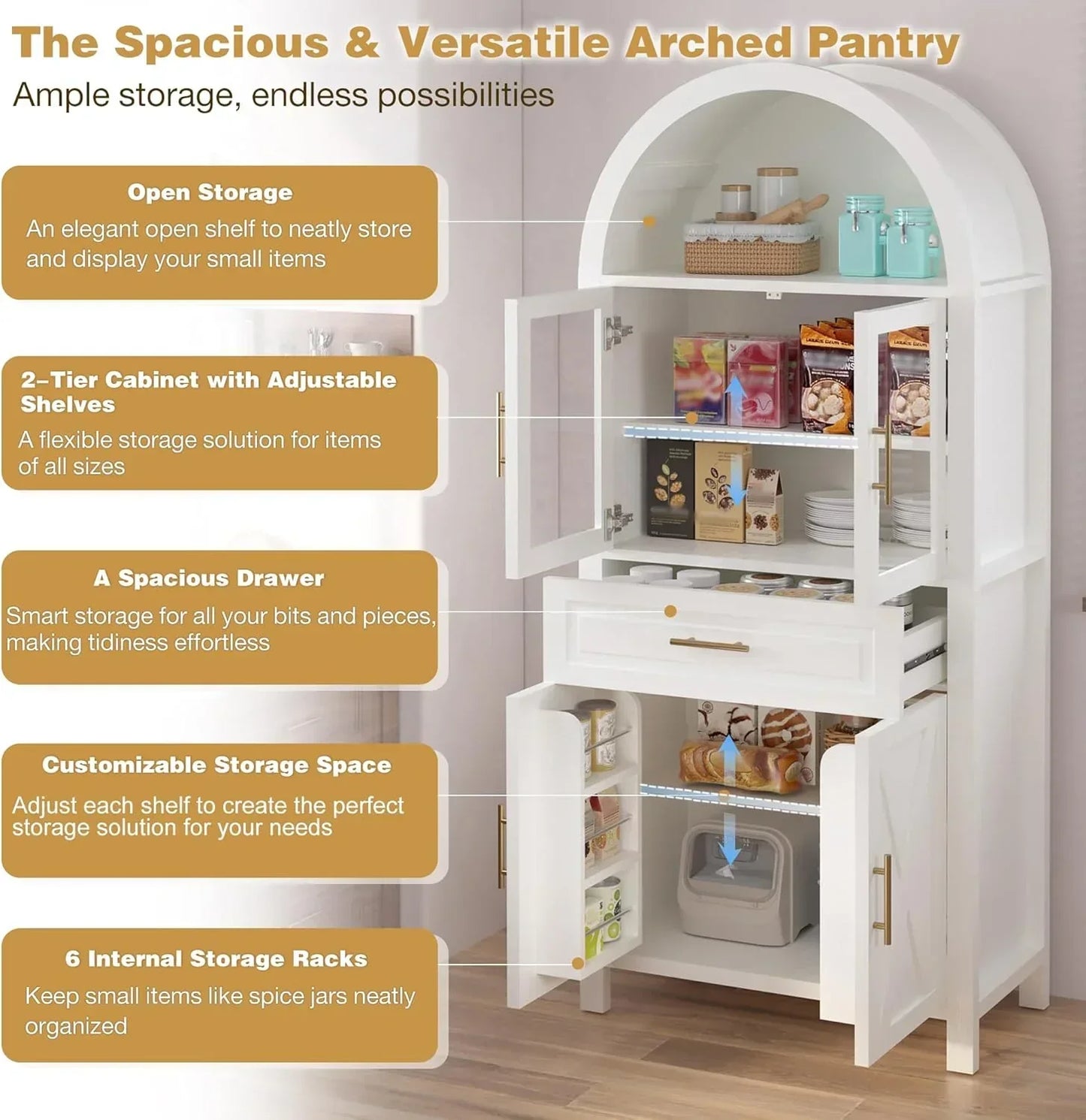 White arched pantry cabinet with adjustable shelves, spacious drawer, and internal storage racks for kitchen organization