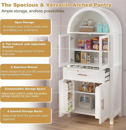 White arched pantry cabinet with adjustable shelves, spacious drawer, and internal storage racks for kitchen organization