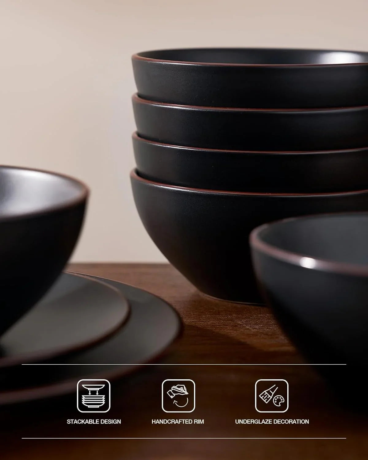 Venus Plates and Bowls Sets, 12 Pieces Stoneware Chip Resistant Dinnerware Dishes Set for 4, Matte Black - Microwave & Dishwasher Safe, Modern Minimalist, for Everyday Meals & Formal Dining