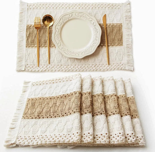 Boho Placemats Set of 6, Macrame Table Decor Farmhouse Style Placemats in Natural Cotton Burlap, for Kitchen and Dining Table Centerpiece Home Decorations（Beige & Brown）