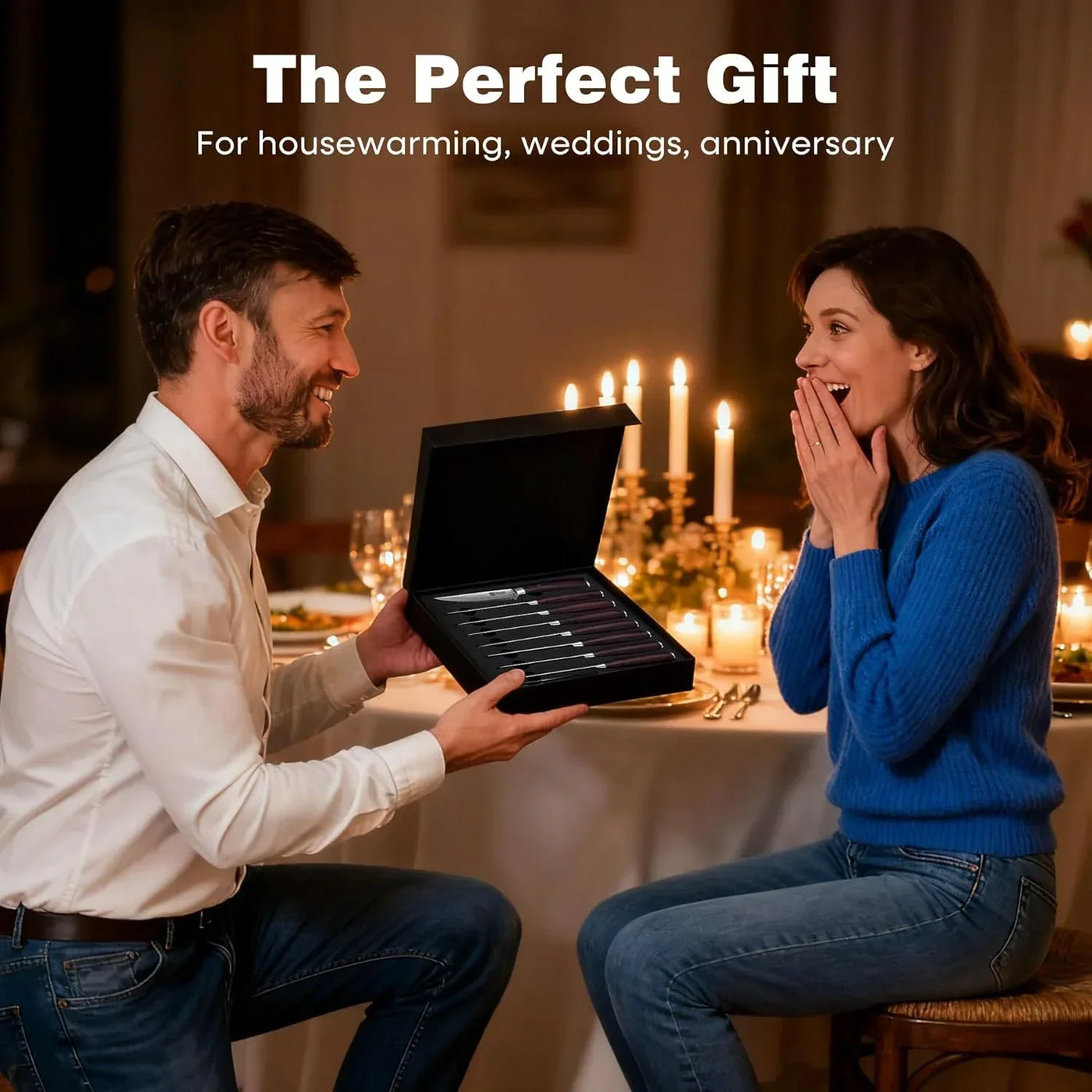 Man gifting woman a set of steak knives in elegant box for weddings, anniversaries, or housewarming