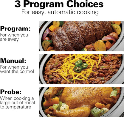 Slow cooker with 3 program modes: auto roast, manual chili, probe chicken for easy meals