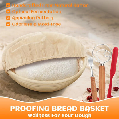 Proofing bread basket with cloth liner and dough, surrounded by bread baking tools on kitchen counter.