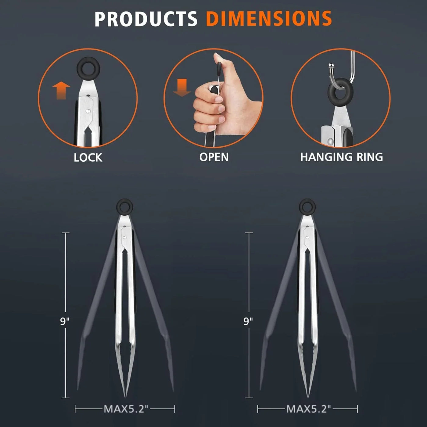 Stainless Steel Kitchen Tongs, Set of 2-9" and 12", Locking Metal Food Tongs for Cooking, Serving, BBQ, Grill Non-Slip Grip