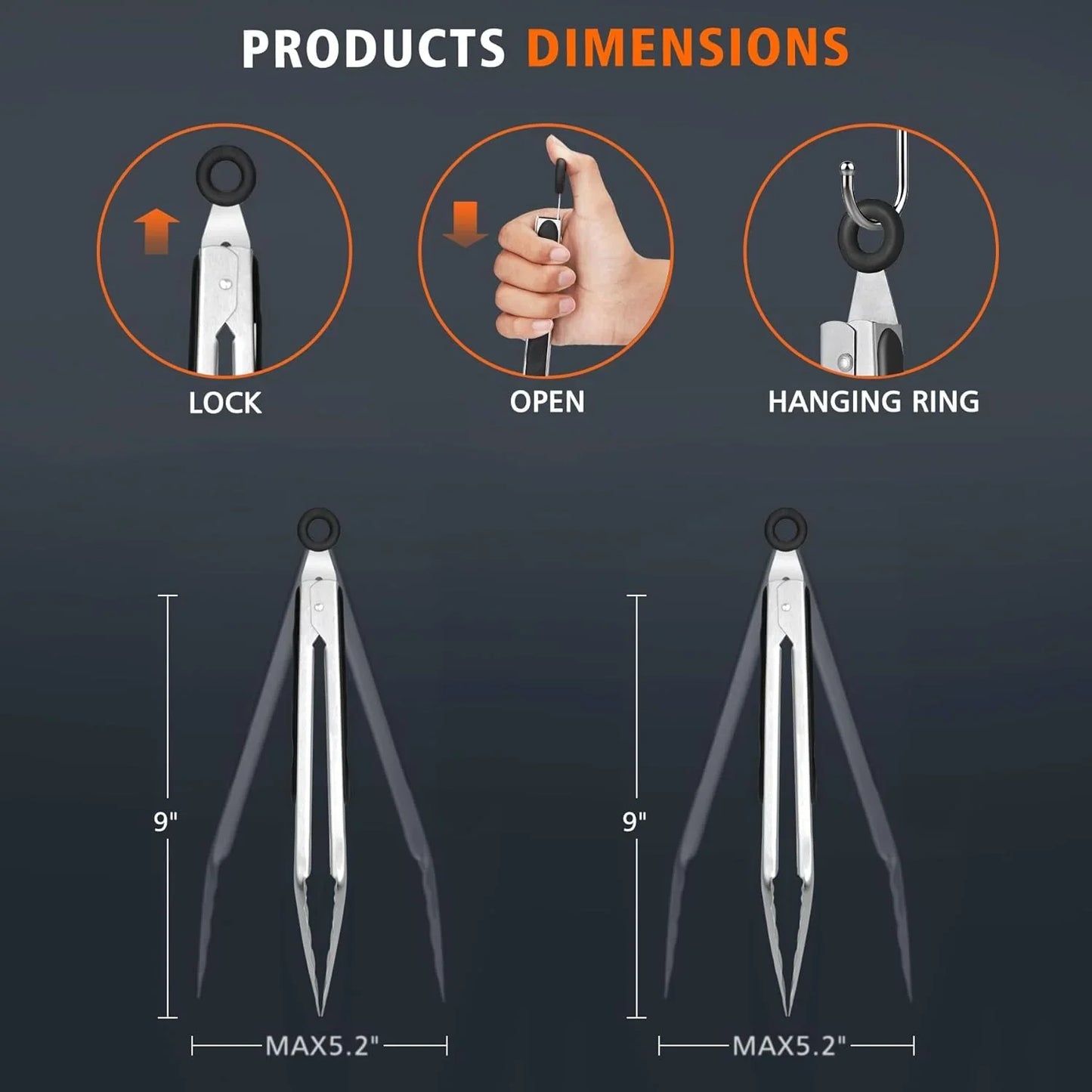 Stainless Steel Kitchen Tongs, Set of 2-9" and 12", Locking Metal Food Tongs for Cooking, Serving, BBQ, Grill Non-Slip Grip