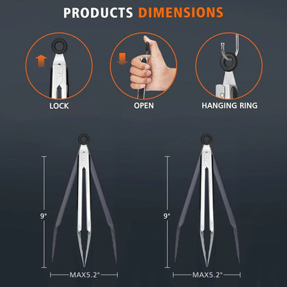 Stainless Steel Kitchen Tongs, Set of 2-9" and 12", Locking Metal Food Tongs for Cooking, Serving, BBQ, Grill Non-Slip Grip
