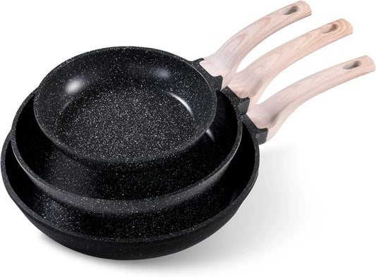 Non Stick Frying Pan Skillet Set, Omelet Pan, Healthy Non Toxic Granite Chef Pan, Induction Compatible Egg Frying Pan with Heat-Resistant Handle, Pfoa-Free,Black, 8"+10"+12"