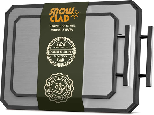 Stainless Steel Cutting Board,Double Sided Steel Cutting Board Set for Kitchen,Stainless Steel/Wheat Straw Pp Large for Meat,Dishwasher Safe [16 * 11+12 * 8.3 Inch]