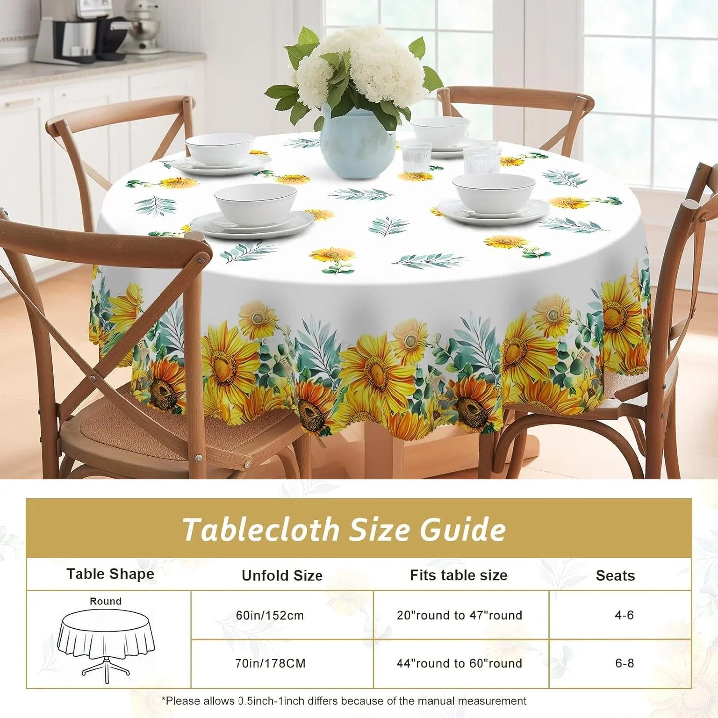 Sunflower round Tablecloth 60Inch,Tablecloth Waterproof and Wrinkle-Free, Boho Table Covers, Summer Decorations for Home