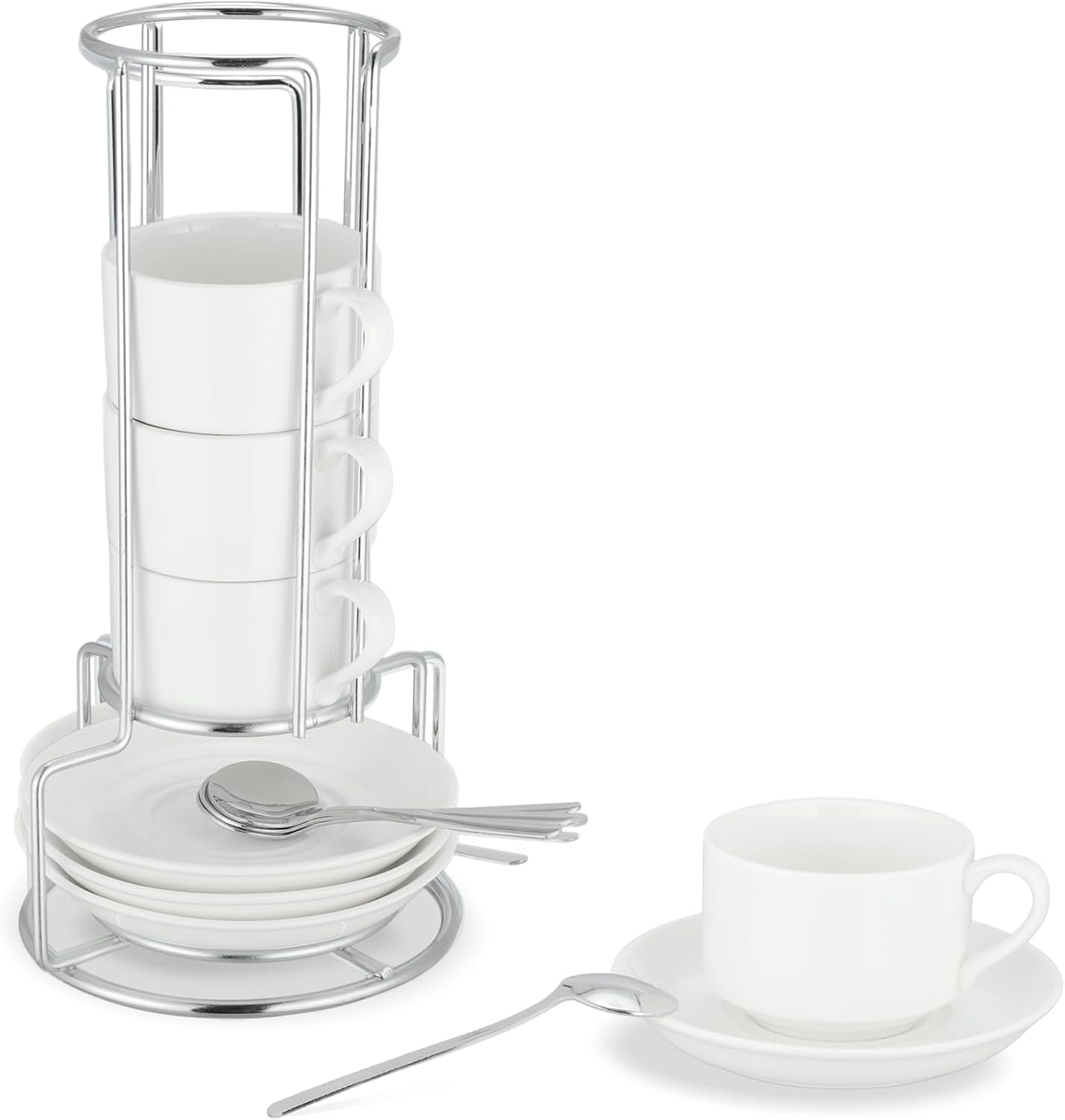 3 Ounce Espresso Cups Set of 4, Stackable Demitasse Mugs, Includes Display Stand, Cups Saucers, and Spoons, for Machines & Home Use, White Silver Tone