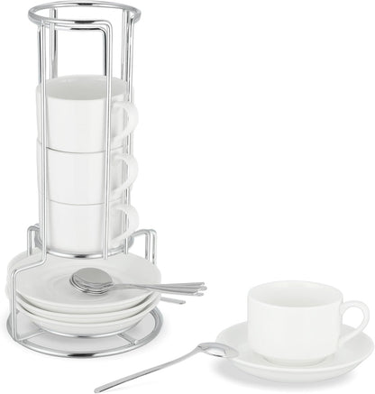 3 Ounce Espresso Cups Set of 4, Stackable Demitasse Mugs, Includes Display Stand, Cups Saucers, and Spoons, for Machines & Home Use, White Silver Tone