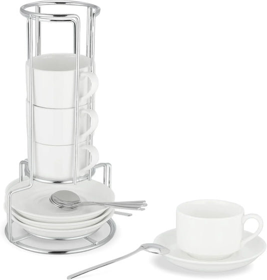 3 Ounce Espresso Cups Set of 4, Stackable Demitasse Mugs, Includes Display Stand, Cups Saucers, and Spoons, for Machines & Home Use, White Silver Tone