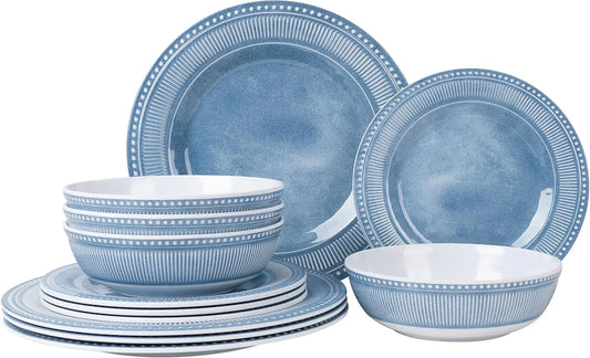 Melamine Dinnerware Set of 12 Pcs, Dinner Dishes Set for Indoor and Outdoor Use, Melamine Plates and Bowls Set for 4, Dishwasher Safe, Lightweight Unbreakable, BPA Free, Soft Blue