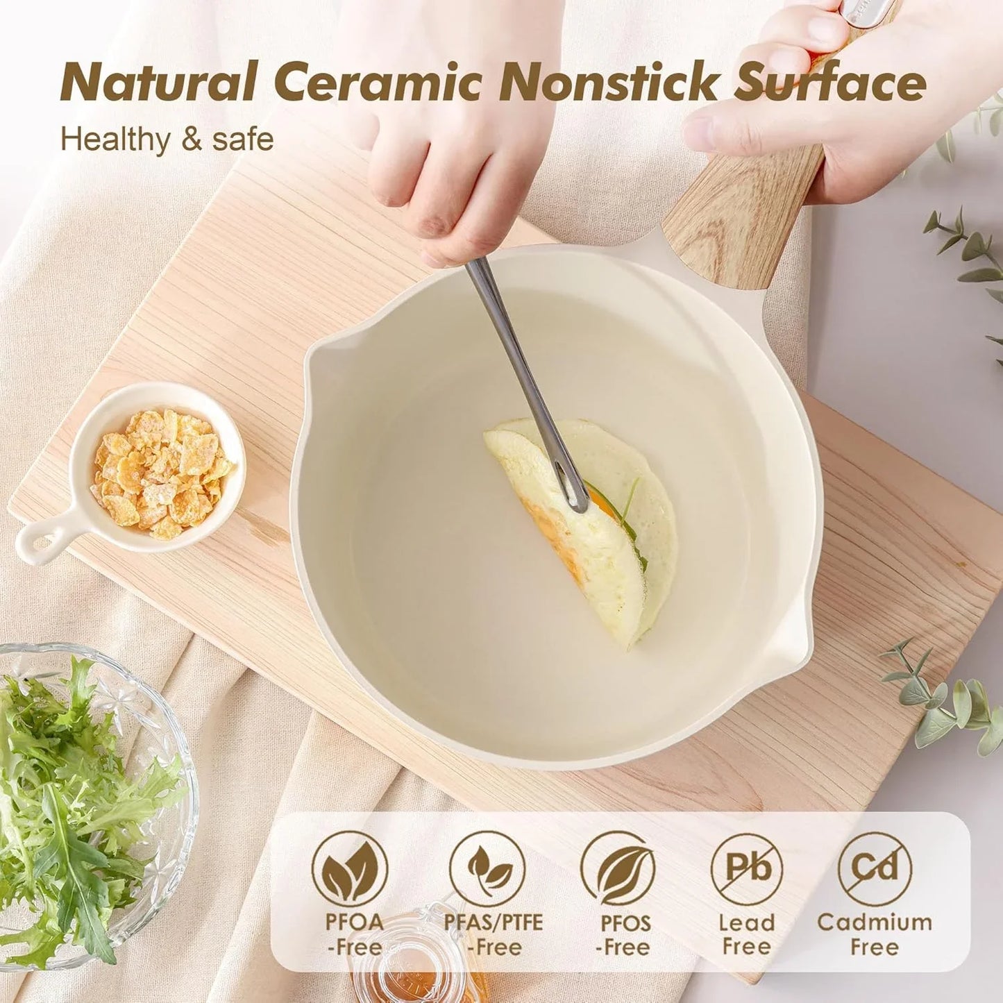 Ceramic Nonstick Sauce Pan with Lid, 1.5 Quart Small Saucepan, White Cooking Pot with Stay Cool Handle, Non Toxic Kitchen Sauce Pot, Non Stick Saucier Pan, Induction Pot, PFOA PTFE PFAS Free