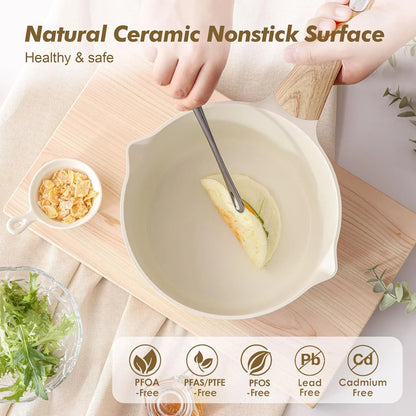 Ceramic Nonstick Sauce Pan with Lid, 1.5 Quart Small Saucepan, White Cooking Pot with Stay Cool Handle, Non Toxic Kitchen Sauce Pot, Non Stick Saucier Pan, Induction Pot, PFOA PTFE PFAS Free