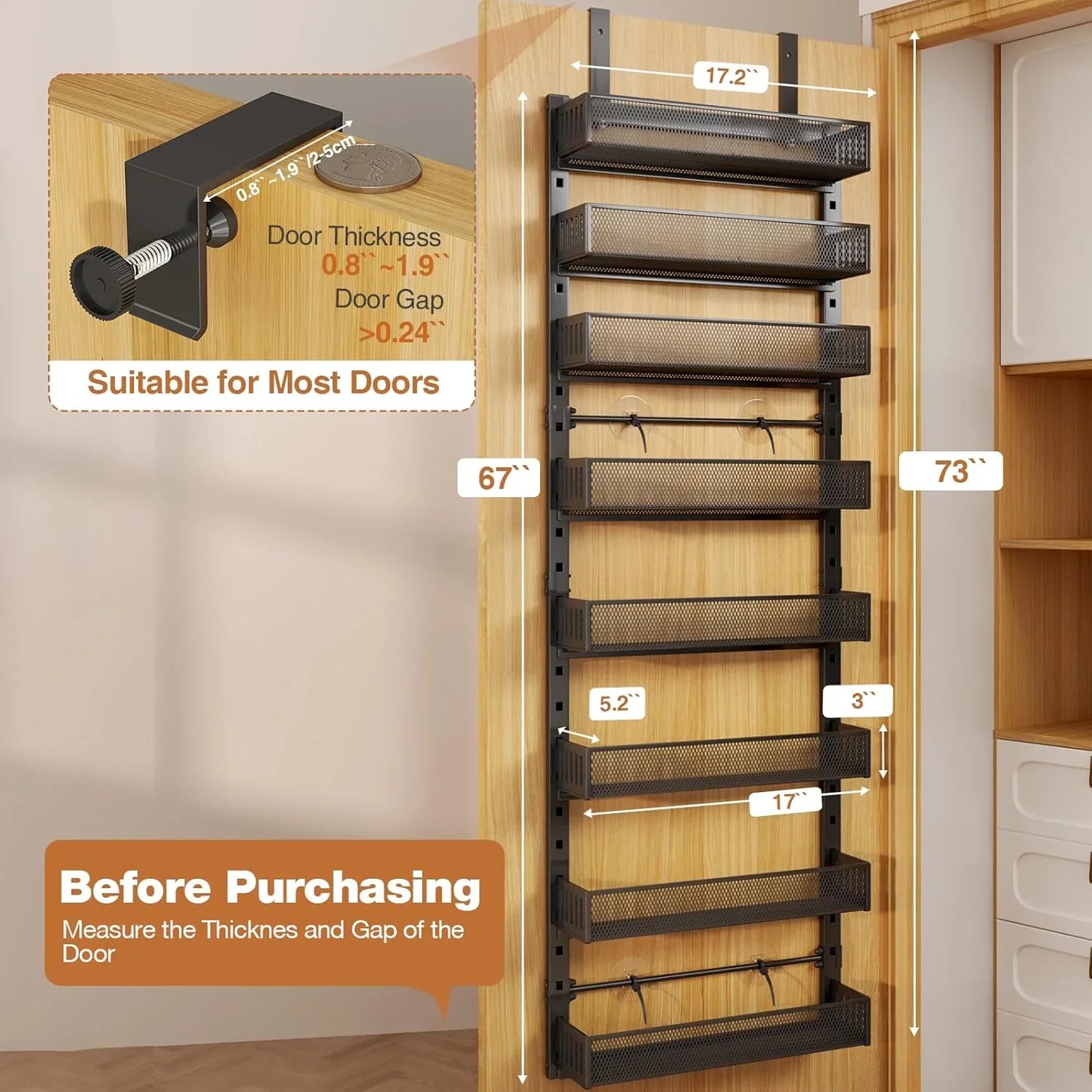 Pantry Door Organizers and Storage, 8-Tier Large Metal Heavy-Duty Frame over the Door Spice Rack, 2 in 1 Wall-Mounted or Hanging Shelf for Kitchen, Bathroom, Laundry Room, Bedroom, Closet &Nursery