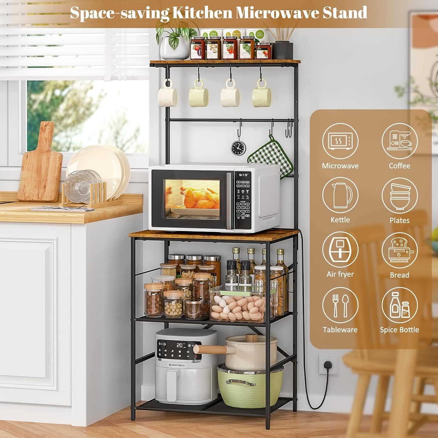 4 Tier Coffee Bar Station, Kitchen Stand with 8 S-Shaped Hooks, Large Space Coffee Station Table, Farmhouse Coffee Bar Shelf, Bakers Rack for for Kitchen, Living Room, 23.62" W X 15.74" D X 57.13" H