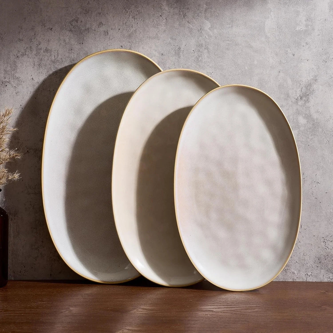Serving Platter, Oval 15.59/14.3/12.9 Inch Serving Dishes for Entertaining, Serving Bowls, Microwave Safe, Stonware Serving Trays for Party, Turkey, Cheese, Ocean Series, Cappuccino White