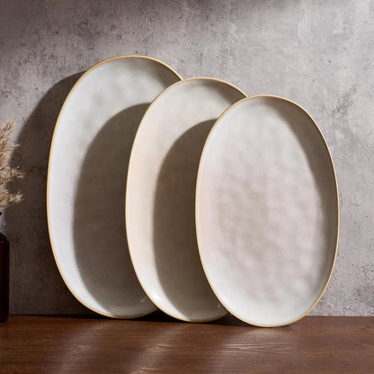 Serving Platter, Oval 15.59/14.3/12.9 Inch Serving Dishes for Entertaining, Serving Bowls, Microwave Safe, Stonware Serving Trays for Party, Turkey, Cheese, Ocean Series, Cappuccino White