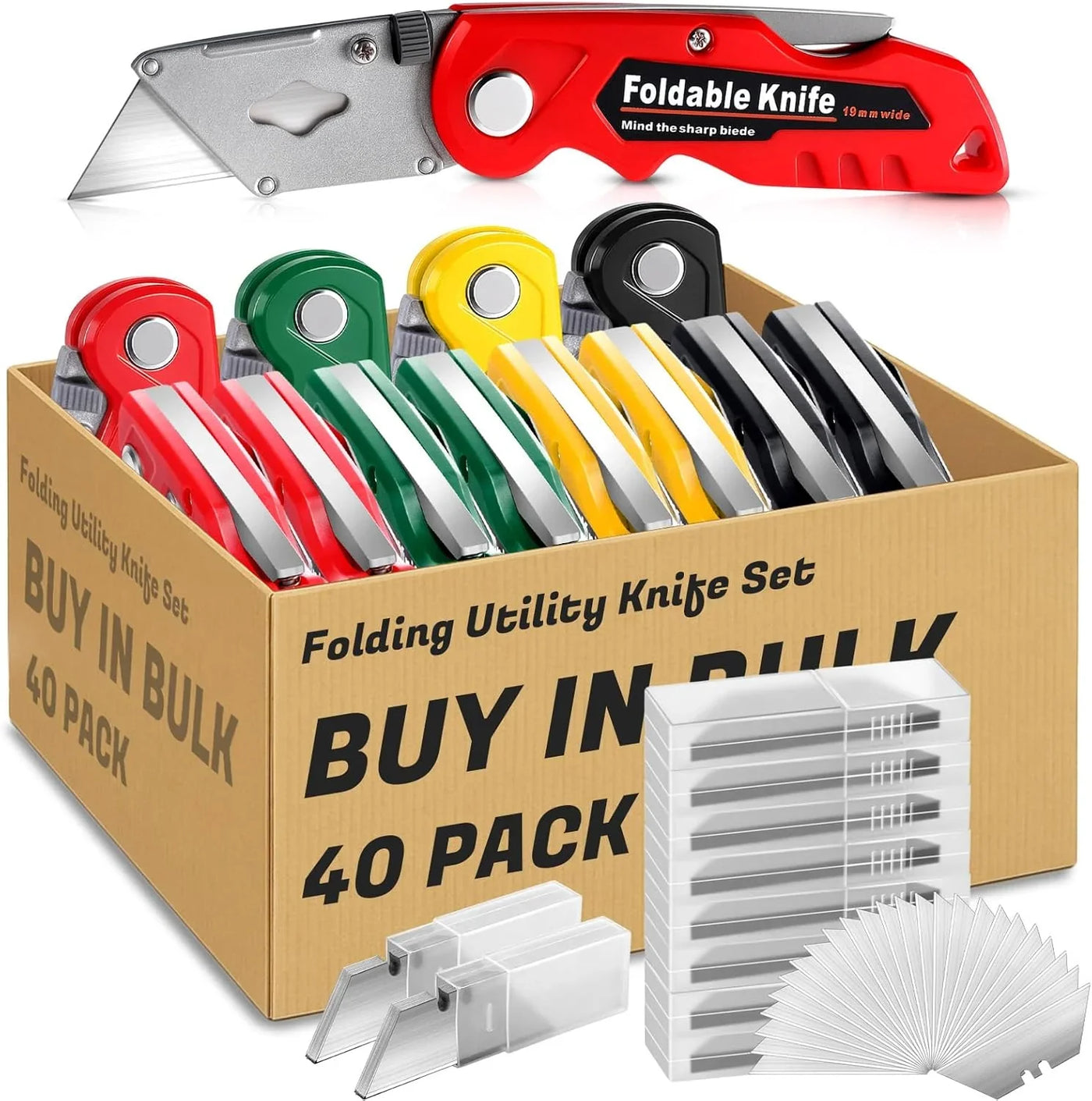 40 Pcs Folding Utility Knives Bulk with 80 Replacement Blades Heavy Duty Box Cutter with Safety Lock Folding Utility Razor Knives Retractable Mechanism Paper Cutter, Multicolor