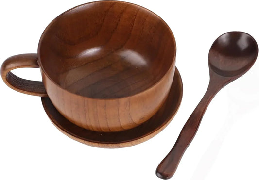 Wooden Coffee Mug Cup with Spoon and Coaster Set, 3-Piece Vintage Teacup, Natural Wood Cup for Espresso and Tea (Big- 350 ML)