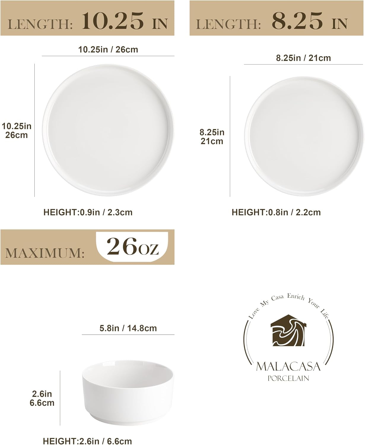 24 Pieces Porcelain Dinnerware Set, Modern White Dish Set for 8, Premium Serving Plates and Bowls Sets, Chip and Scratch Resistant Dishware Sets Kitchen Dishes Dining Ware Set, Series LEAH