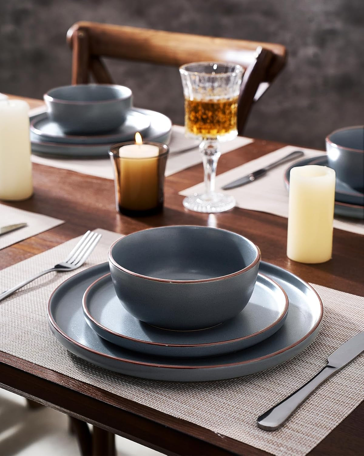 Mercury Dinnerware Sets with Mugs, Service for 4 (16 Pieces), Plates and Bowls Sets, Microwave and Dishwasher Safe Dishes Set, Charcoal
