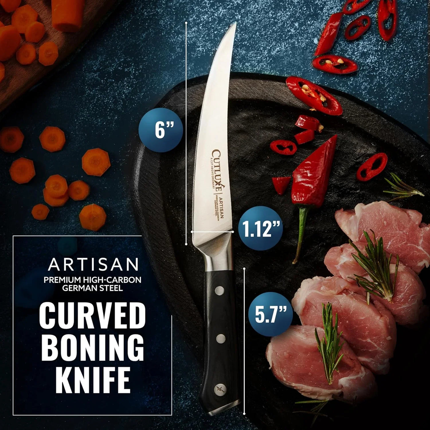 Curved Boning Knife – 6" Boning Knife for Meat Cutting, Filleting – High Carbon German Steel, Full Tang & Ergonomic Handle Design – Artisan Series