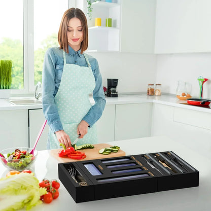 Woman slicing veggies with kitchen knife set in modern kitchen, meal prep tools, cookware essentials