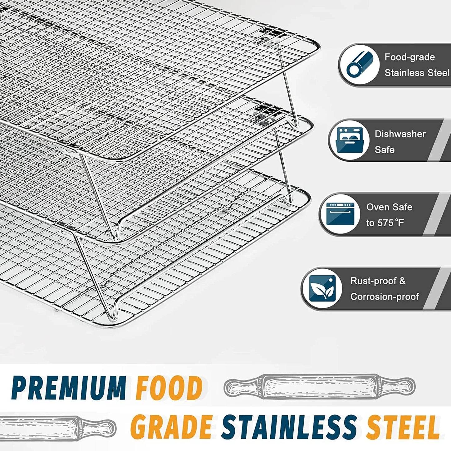 Oven-Salf Collapsible Cooling Rack for Baking, 3 Tier 12”X 16.5”, Stainless Steel and Fit Half Sheet, Stackable Wire Cooling Racks for Cookie, Pizza, Cake